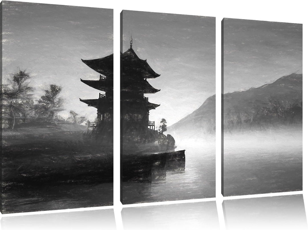 Pixxprint Chinesisches Haus Kunst / 3-Teilig/Gesamtmass 120cm Leinwandbild bespannt auf Holzrahmen/W