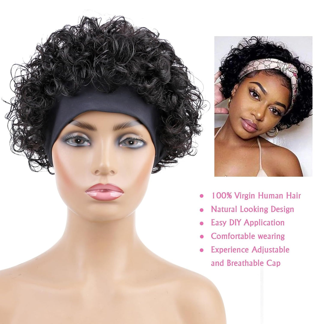 Huarisi Short Curly Pixie Cut Wigs for Women Glueless Human Hair Black Headband Bob Wig None Lace We