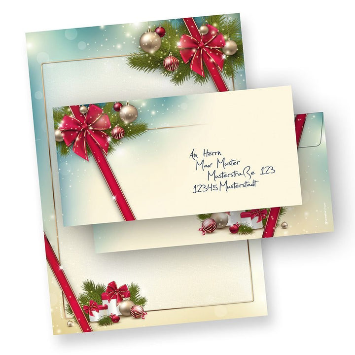 Briefpapier Weihnachten Set ROTE SCHLEIFE (25 Sets ohne Fenster) Weihnachtsbriefpapier mit Umschlag,