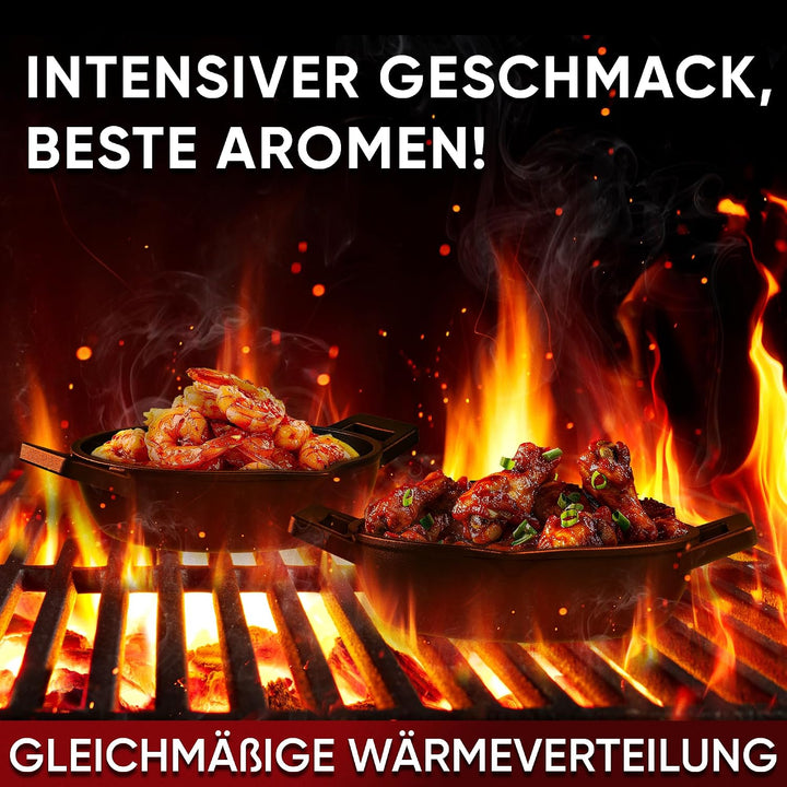 GUSSKÖNIG Gusseisen Grillpfännchen Set (2-teilig) Ø 11 cm – Voreingebrannte Gusseisenpfannen für Gri