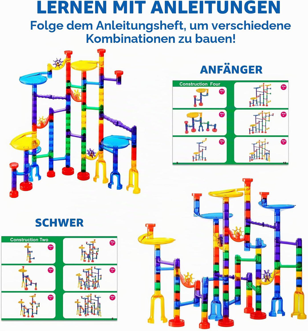 JOYIN 150 Stück Mehrfarbige Murmelbahn Marble Run Set mit 100 Bahnelementen und 50 Glasmurmeln, Kuge