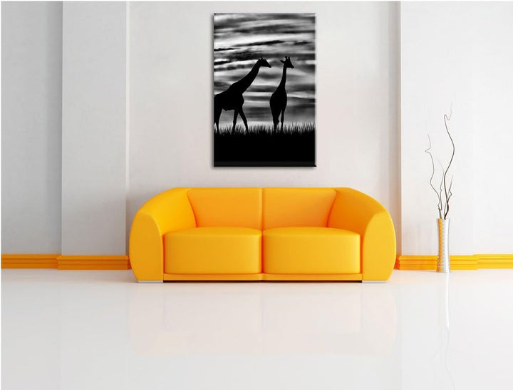 Pixxprint Monocrome, Afrika Giraffen im Sonnenuntergang, Format: 100x70 auf Leinwand, XXL riesige Bi
