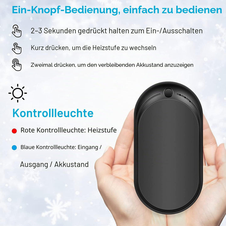 Handwärmer Elektrisch USB Wiederaufladbar Powerbank 5200mAh, Tragbar Taschenwärmer Wiederverwendbar
