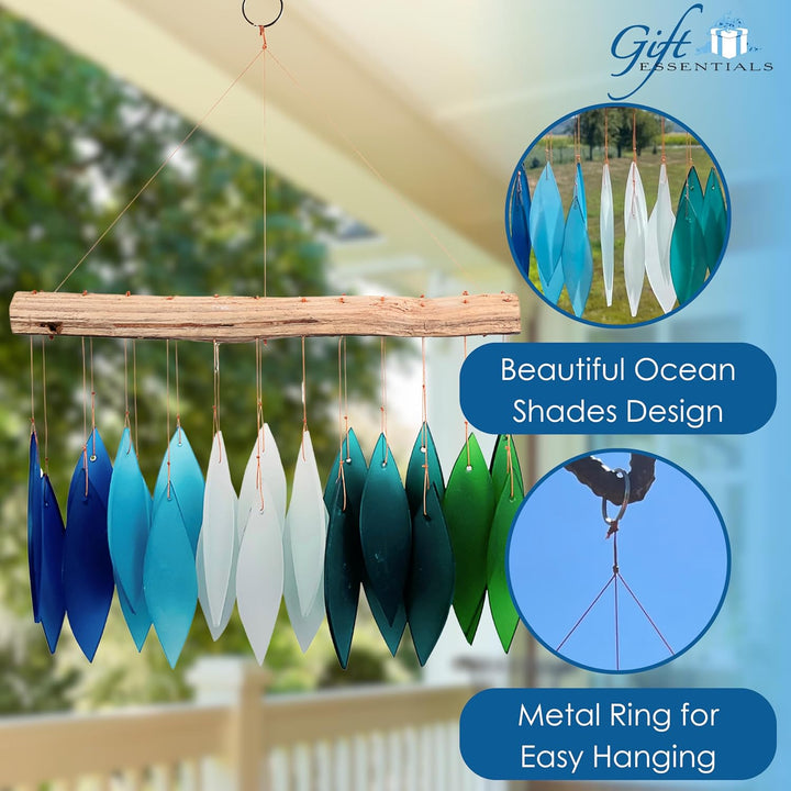 Blue Handworks Windspiel aus Glas und Treibholz, handgestrahltes Glas und Fundholz, handgefertigt, K