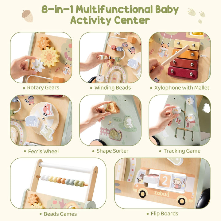 ROBUD Baby Walker Holz für Kleinkinder, 8 in 1 Multifunktions Push Along Spielzeug mit Aktivitätszen