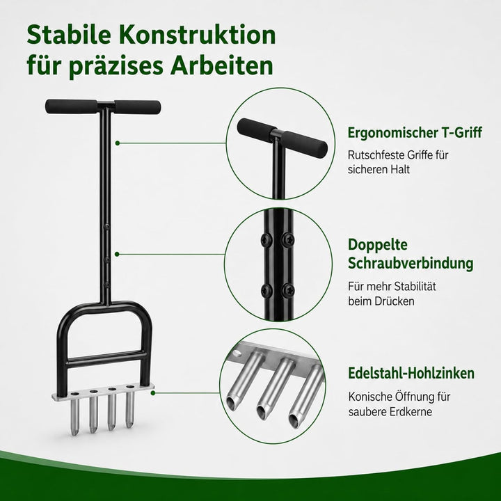 Manueller Rasenbelüfter aus Edelstahl – Rasenkern mit 4 Zinken, Rasenbelüfter für Garten, Sportplatz