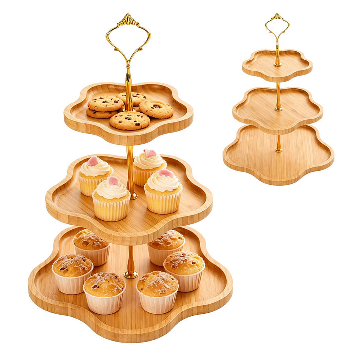 Etagere Obst 3 Stöckig, Kuchenständer Grosser Cupcake Ständer Holz Blumenform-Design, Bambus-Etagere