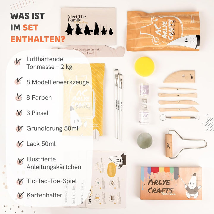 Töpferset für Zuhause ohne Brennen – 2 kg lufttrocknender Ton mit Acrylfarben Set, Werkzeug &amp; Anleit