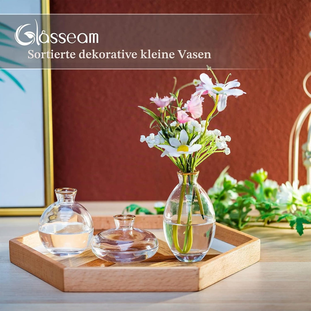 Kleine Vasen Für Tischdeko Vintage Handmade, 3 Teilig Mini Vase Glas Goldrand Blumenvase Modern Set