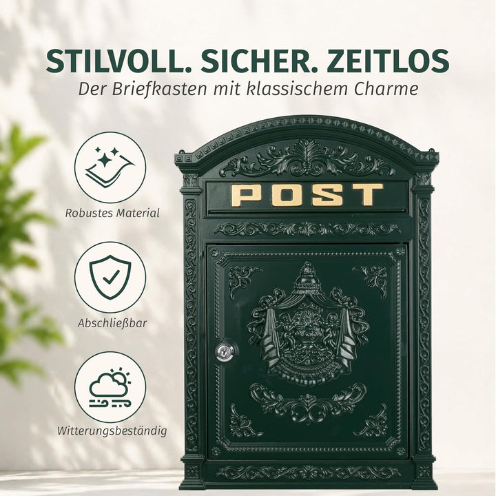 Briefkasten Englischer Postkasten zur Wandmontage grün Nostalgie Antik Stil aus Aluguss Standardform