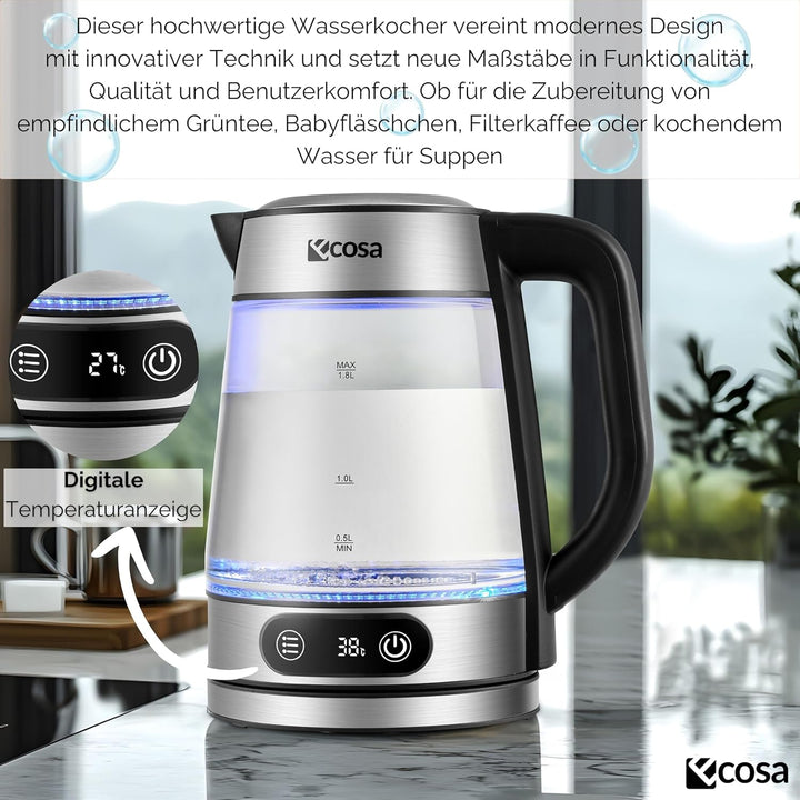 Ecosa® Glas Wasserkocher mit Temperatureinstellung 1,8 Liter 2.200 Watt Edelstahl mit Temperaturwahl