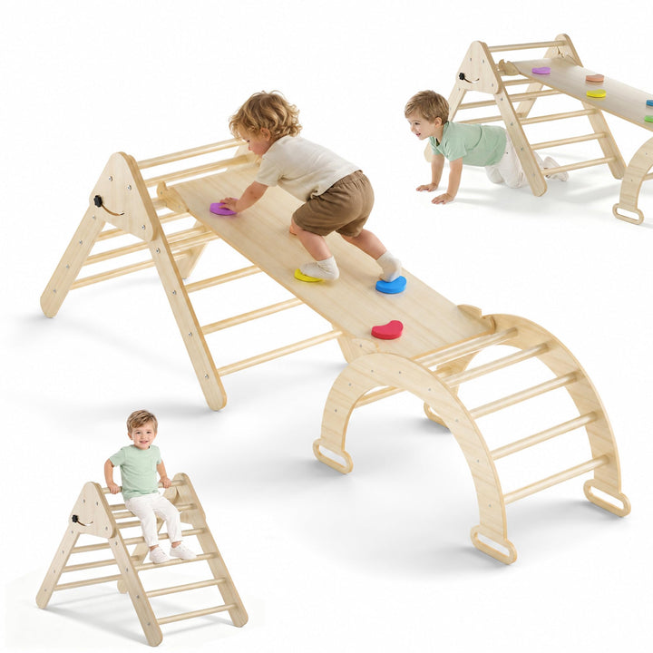 Froadp Klettergerüst Indoor 3-in-1 mit Rutsche und Kletterbogen Kletterdreieck aus Naturholz Klappba
