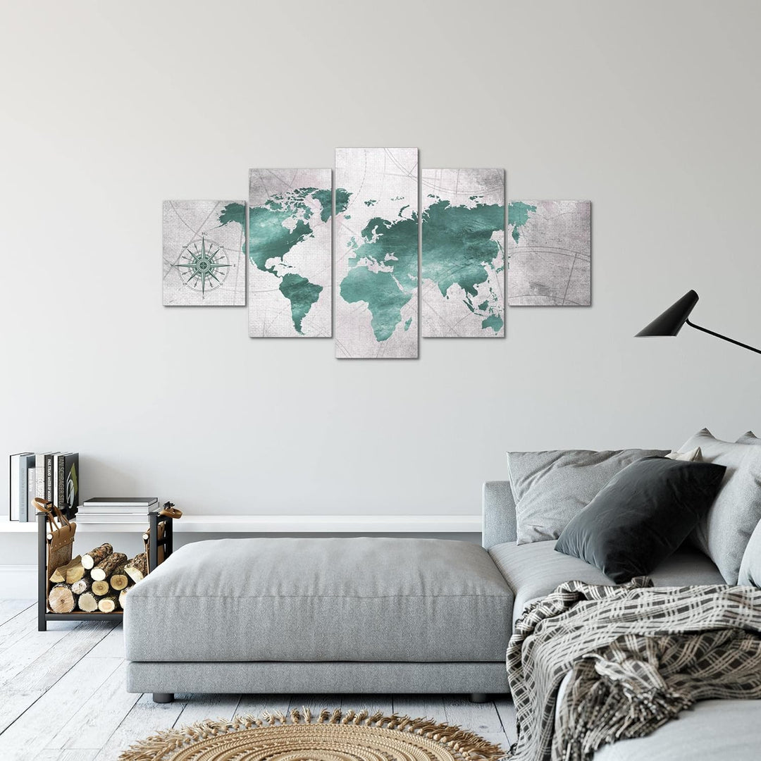 Runa Art Bild Büro Wohnzimmer Weltkarte 5 Teilig Vintage Grün Grau Wandbilder auf Vlies Leinwand 026