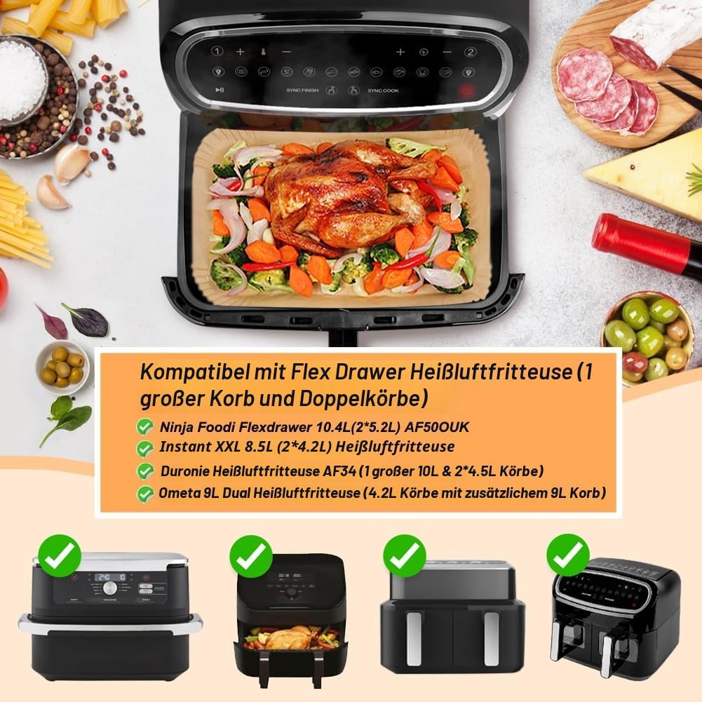 BYKITCHEN Airfryer Backpapier für Ninja Foodi Flex Drawer Dual Zone 10,4L Heissluftfritteuse,100PCS