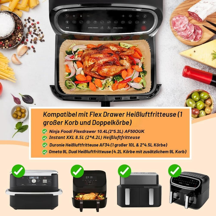 BYKITCHEN Airfryer Backpapier für Ninja Foodi Flex Drawer Dual Zone 10,4L Heissluftfritteuse,100PCS