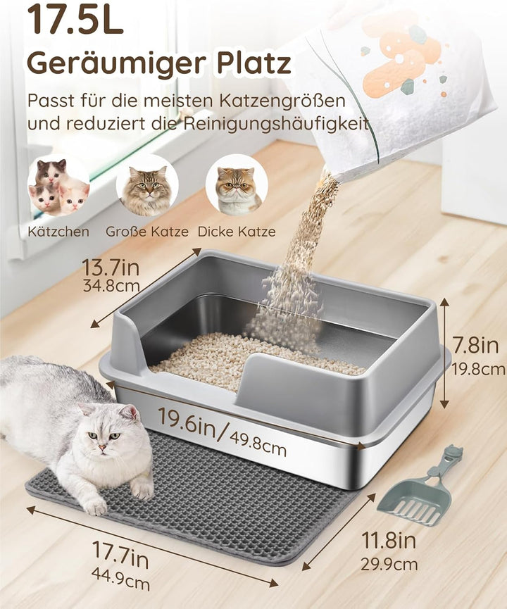 Papettly Katzentoilette Edelstahl, Litter Box Katzenklo, Halbgeschlossen Katzenklo Edelstahl, Katzen