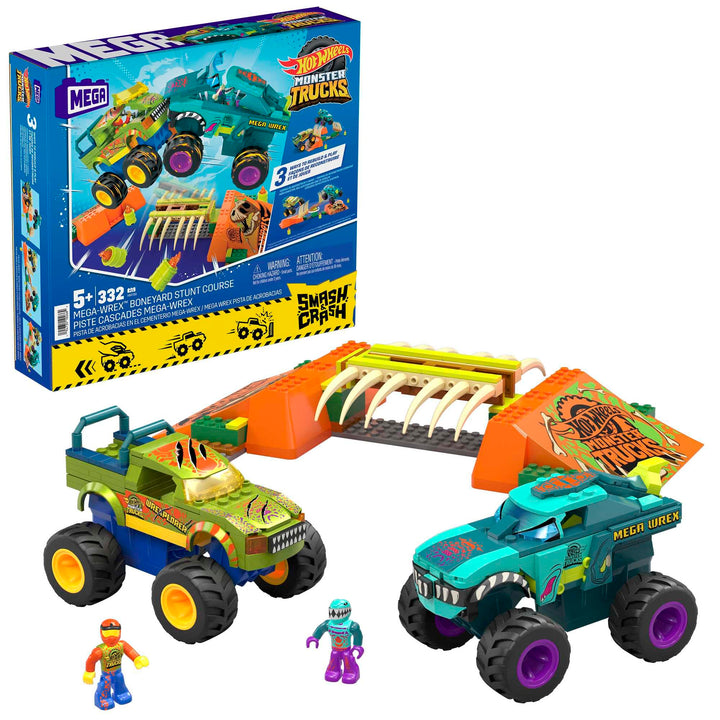 MEGA Hot Wheels Monster Trucks Bauspielzeug, Smash &amp; Crash Mega-Wrex Boneyard Stuntparcours mit 332