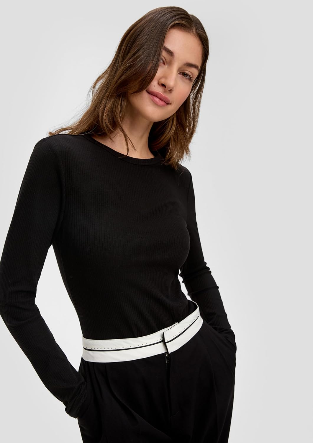 QS Geripptes Longsleeve im Slim Fit M 9999_schwarz, M 9999_schwarz