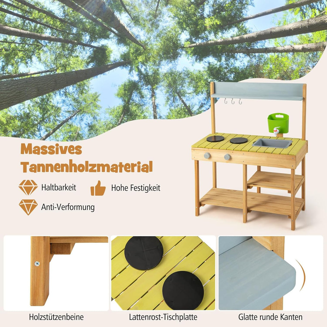 COSTWAY Matschküche Outdoor, Kinderküche Holz mit Wasserfunktion, Spielküche mit Haken & Abnehmbarem