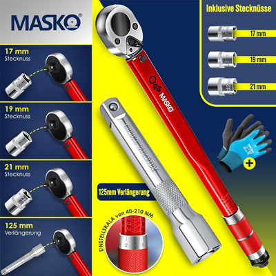 MASKO® Drehmomentschlüssel 6tlg. Set 40-210Nm 1/2 ' CV inkl. 3 Stecknüsse 17mm 19mm 21mm & Verlänger