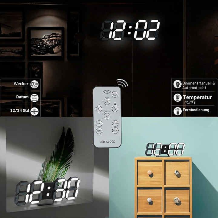 KOSUMOSU Uhren für Wohnzimmer Dekor, 9,7 Zoll grosse Digitale Wanduhr, Wecker Schwarze Uhr Wanddekor