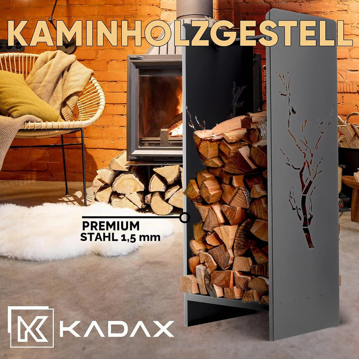 KADAX Kaminholzgestell, Kaminholzgestell aus robusten Stahl, schwarzer Kaminholzhalter, pulverbeschi