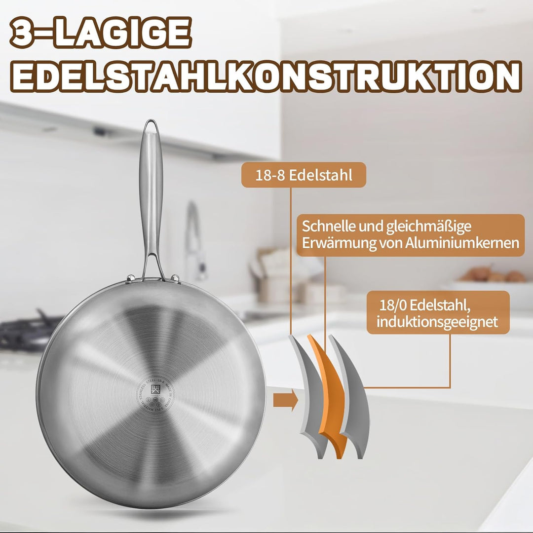 GOLDEN KEY Edelstahlpfanne Set 28 24 20 cm, Bratpfannen Edelstahl Induktion unbeschichtet, Edelstahl