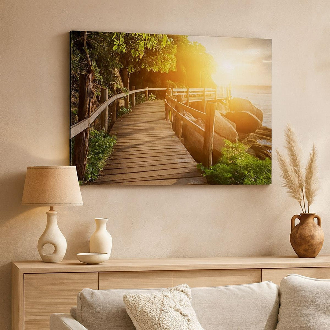 Bilder auf Leinwand 100x70cm Leinwandbild mit Rahmen Brücke Meer Welle Gross Wanddeko Bild Schlafzim