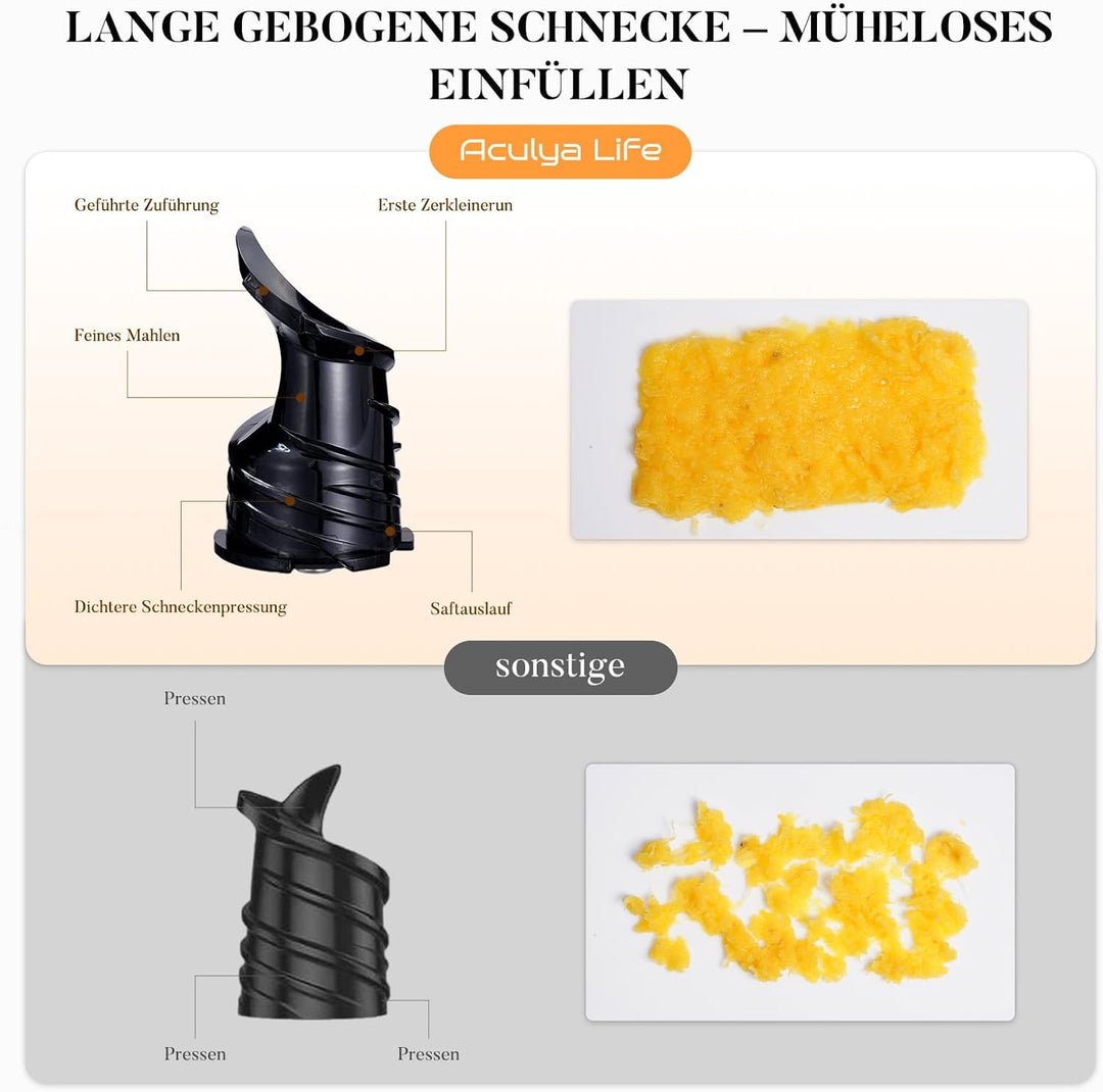 Entsafter Slow Juicer, 1,6 L Hopper, 130 mm Einfüllöffnung, Vor-/Rücklauf, inkl. Reinigungsbürste Gr