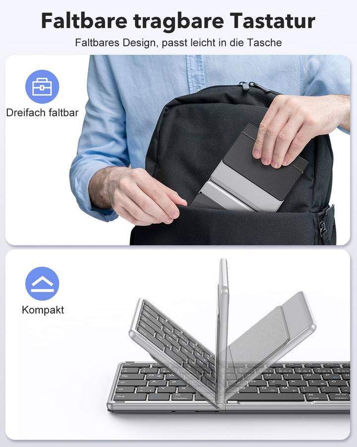 OMOTON Bluetooth Tastatur Faltbare mit Ziffernblock, Kabellose Tastatur Wiederaufladbare QWERTZ, Vol