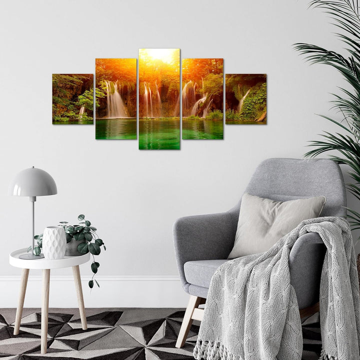 Runa Art Wandbilder Wasserfall Landschaft 5 Teilig Bild auf Vlies Leinwand Deko Schlafzimmer Wohnzim
