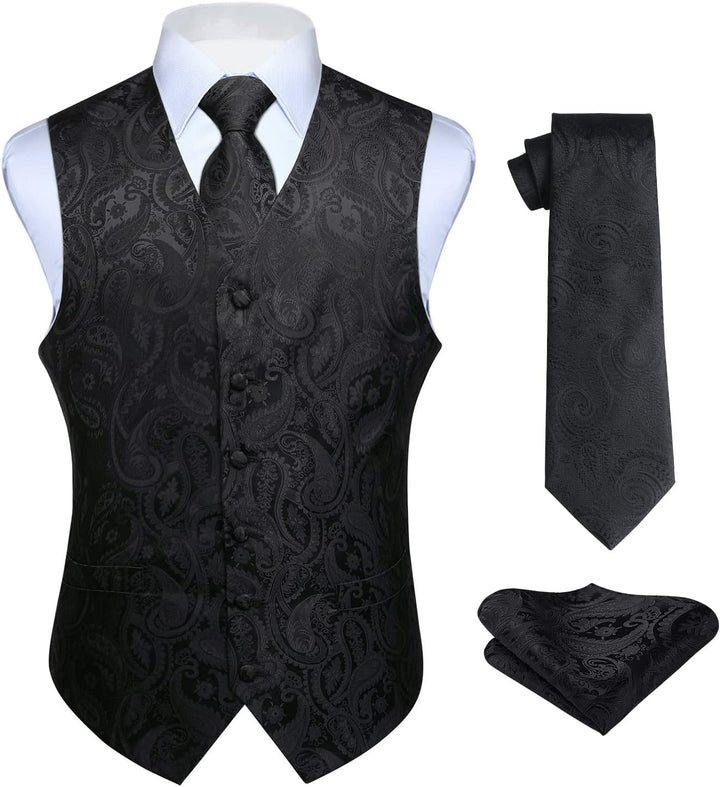 HISDERN Herren FLoral Hochzeit Weste Krawatte Einstecktuch Taschentuch Jacquard Weste Anzug Set 3XL