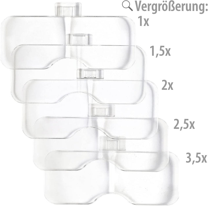 AGT Stirnlampe: Akku-Stirnlupe mit 1-/1,5-/2-/2,5-/3,5-facher Vergrösserung & LED-Licht (Kopflupe, L