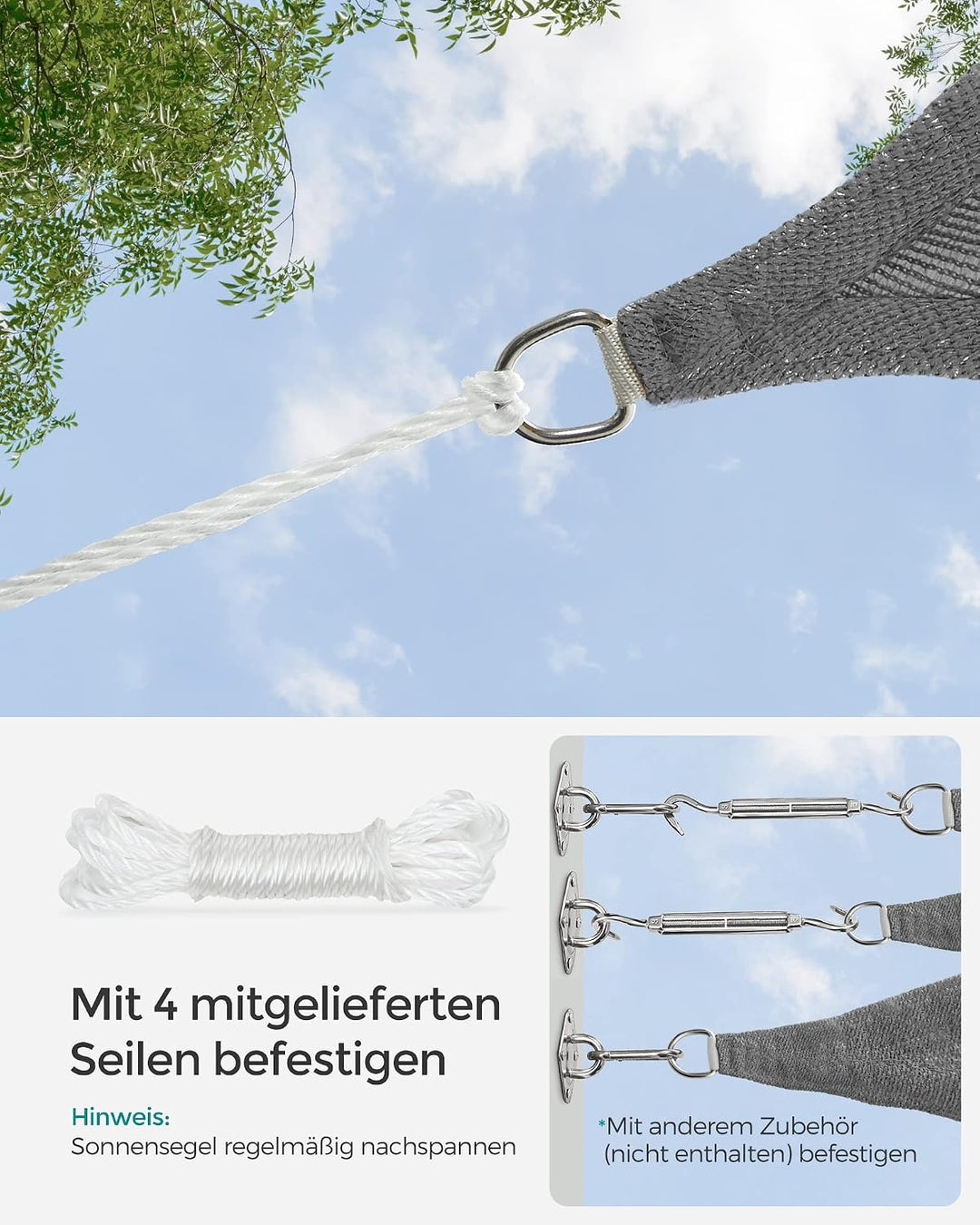 SONGMICS Sonnensegel 4 x 4 m, Sonnenschutz aus HDPE-Gewebe, luftdurchlässig, wasserdurchlässig, für