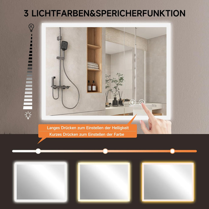 YOLEO Badspiegel mit Beleuchtung, LED Spiegel mit Bluetooth-Lautsprecher, Wandspiegel mit Steckdose,