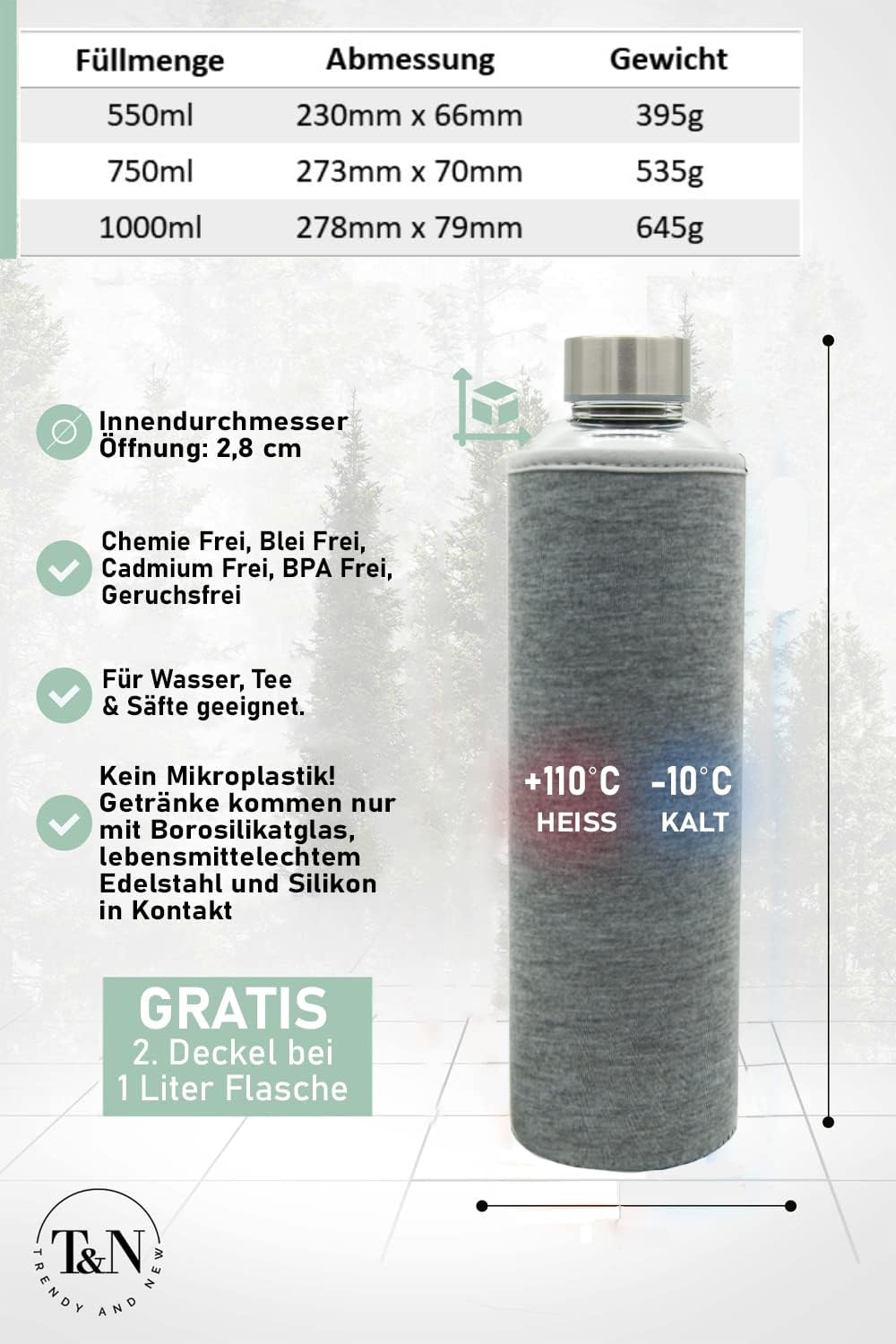 T&N Glasflasche 1 Liter / 750ml / 500ml – Trinkflasche Glas 1l mit Neoprenhülle – Wasserflasche Ausl