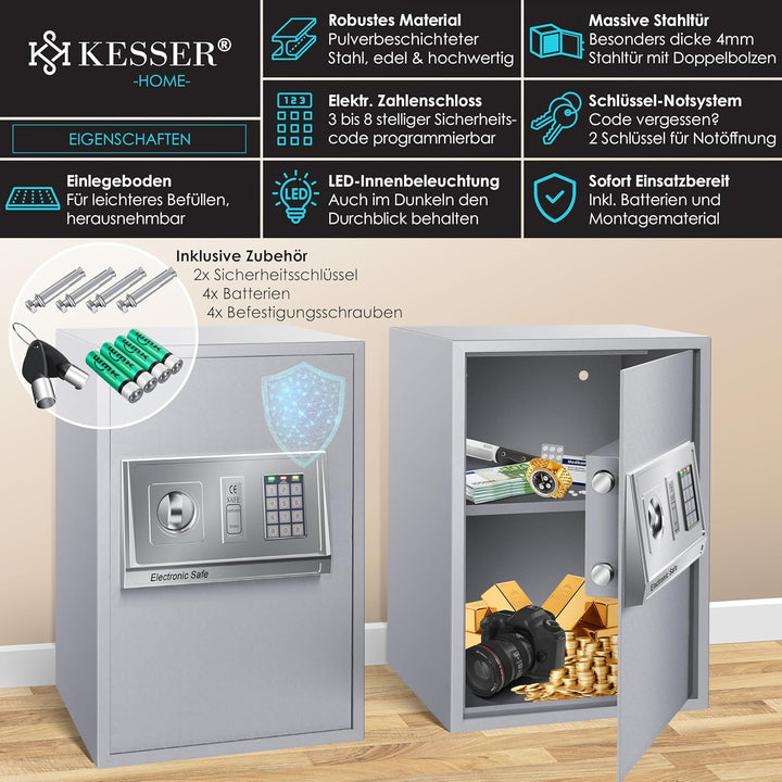 KESSER® Elektr. Tresor | 50x35x34,5 XXL | Türstärke 4mm | Elektronischer Safe | Doppelbolzenverriege