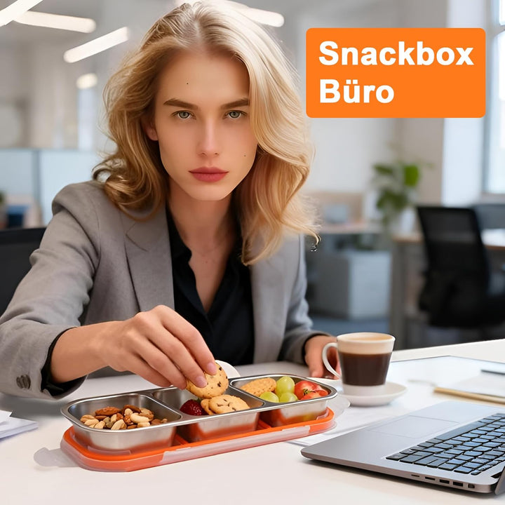 Snackbox mit Fächern Edelstahl: 2 Stück Auslaufsicher Snackdose mit Deckel(600ml+700ml)-Tragbare Bro