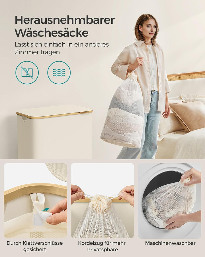 SONGMICS Wäschekorb mit Deckel, Wäschesammler mit 3 Fächern, 150 L, herausnehmbarer Wäschesack, Oxfo