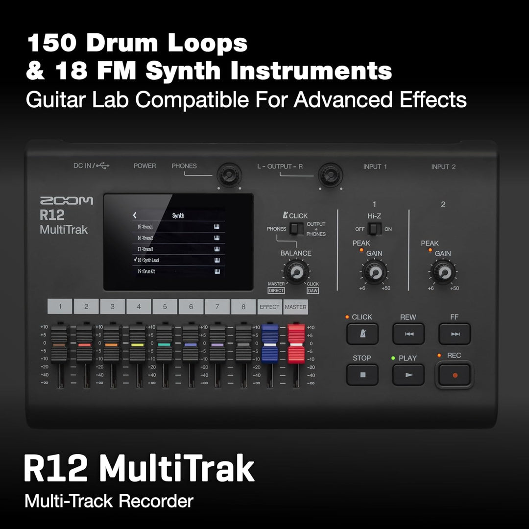 Zoom R12 Multi-Track-Recorder, tragbar, mit Touchscreen, Onboard-Bearbeitung, 8 Titel, 2 Kombi-Eingä