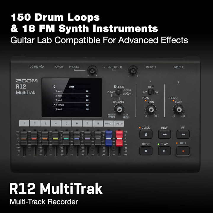 Zoom R12 Multi-Track-Recorder, tragbar, mit Touchscreen, Onboard-Bearbeitung, 8 Titel, 2 Kombi-Eingä