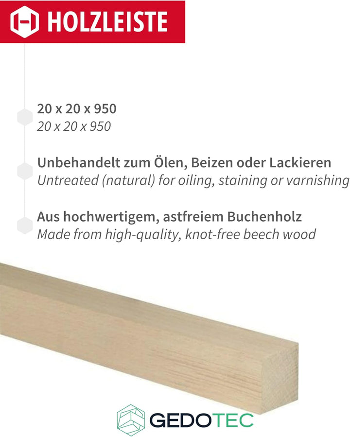 Gedotec Holzleisten zum Basteln und Bauen aus Buche - 95 cm | 10 Stück 20x20x950 mm | BASIC | Kantho