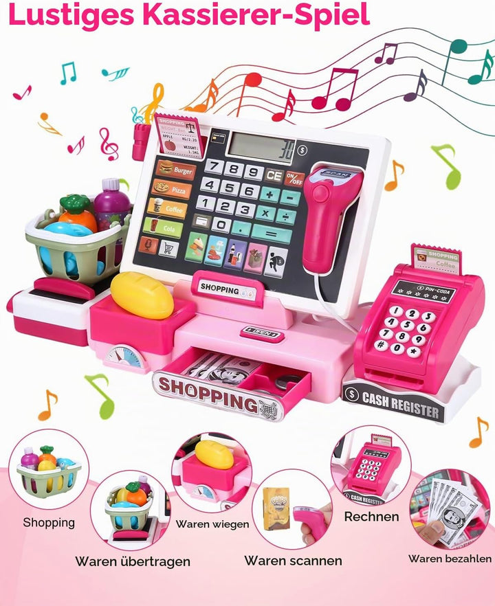 heuchaey Kinder Kasse Spielzeug, Kinderkasse Registrierkasse Set, Rosa | Elektronische Registrierkas