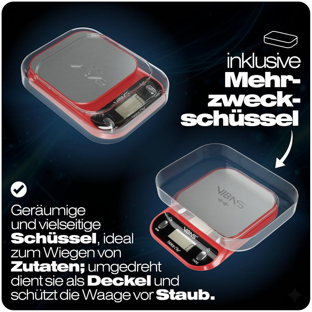 VIBAS iVoice Chef sprechende Küchenwaage, für Blinde und ältere Menschen, spricht 5 Sprachen, Gewich