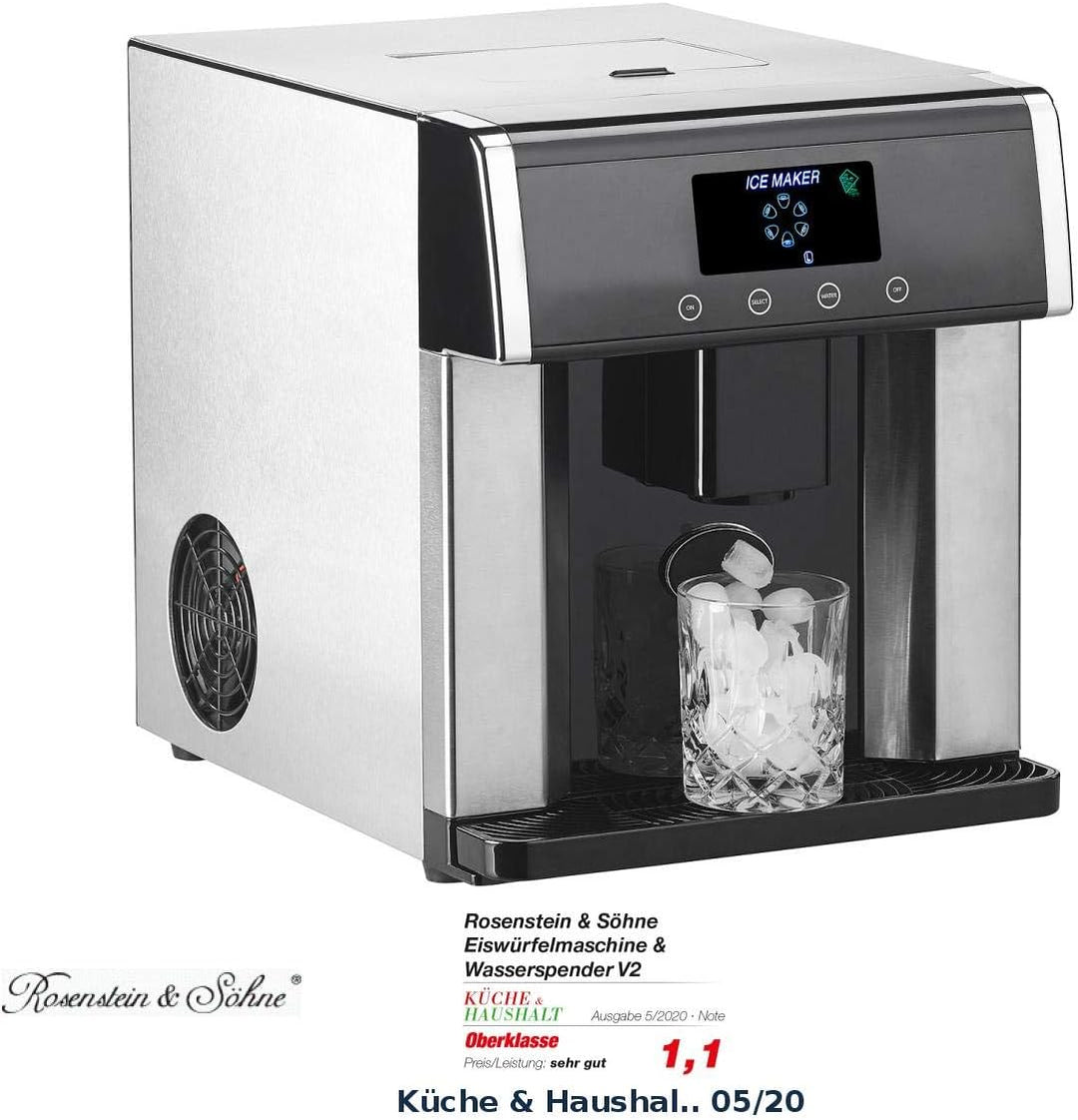 Rosenstein & Söhne Eiswürfelbereiter: Eiswürfelmaschine & Wasserspender V2 mit XL-Display, Edelstahl