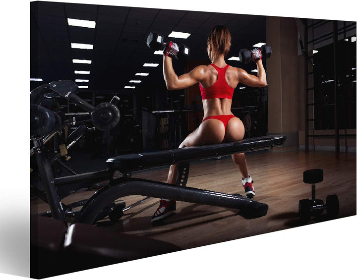 islandburner Bild auf Leinwand Sexy Young Fitness Girl Doing Dumbbells Shoulders Press Woman Red Shr