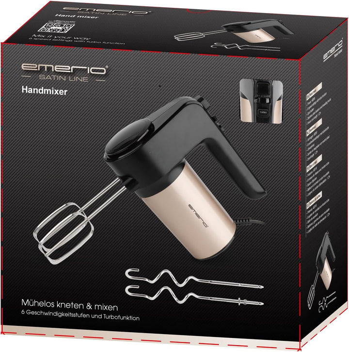 EMERIO elektrischer Handmixer Handrührer Mixer Handrührgerät | 400 Watt | 6 Geschwindigkeiten & Turb
