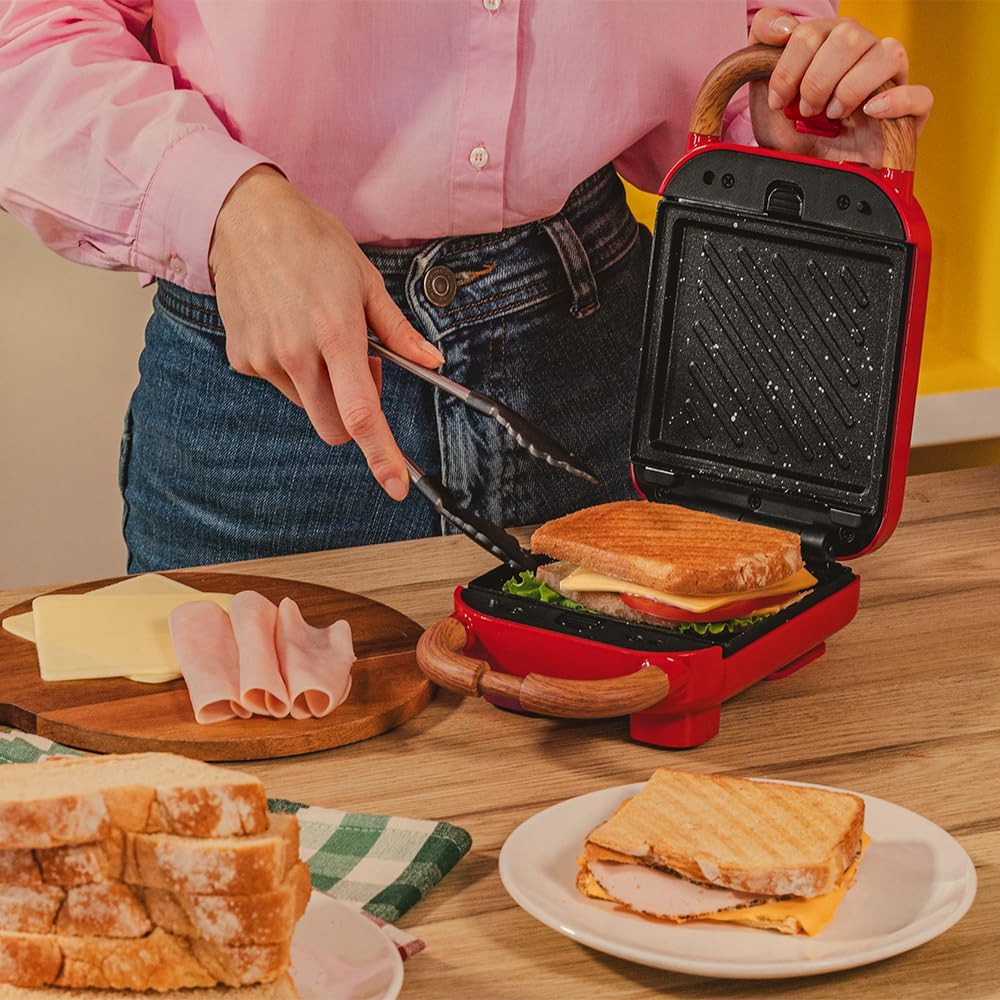 Cecotec Sandwichmaker Vintage Rock'Ntoast Retro One Gelb. 700W, 3 austauschbare Platten, Retro-Desig