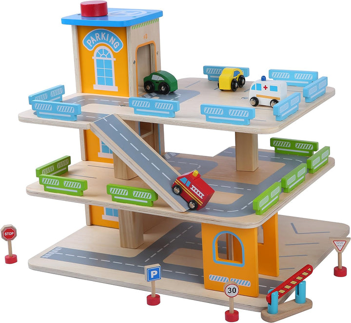 Leomark Grosse Parkgarage aus Holz - Auto Parkhaus - Garage mit Zubehör, Spielgarage mit Lift,