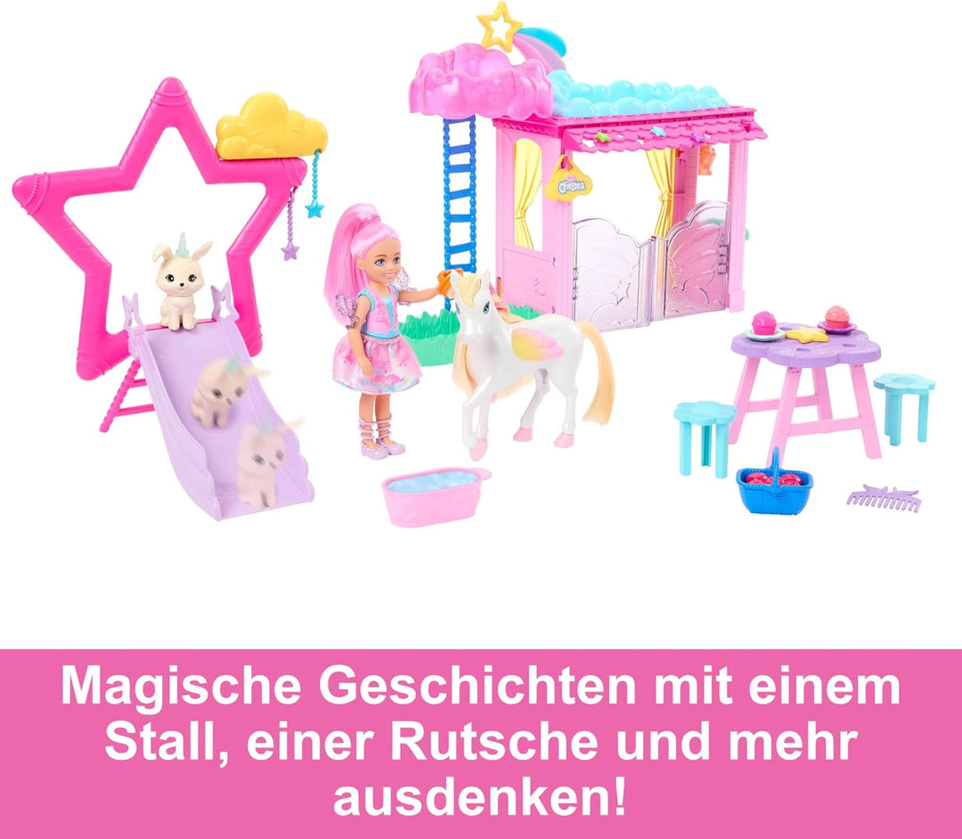 Barbie Ein Verborgener Zauber - Chelsea-Puppe und Baby-Pegasus Spielset mit Stall, Rutsche, Regendus